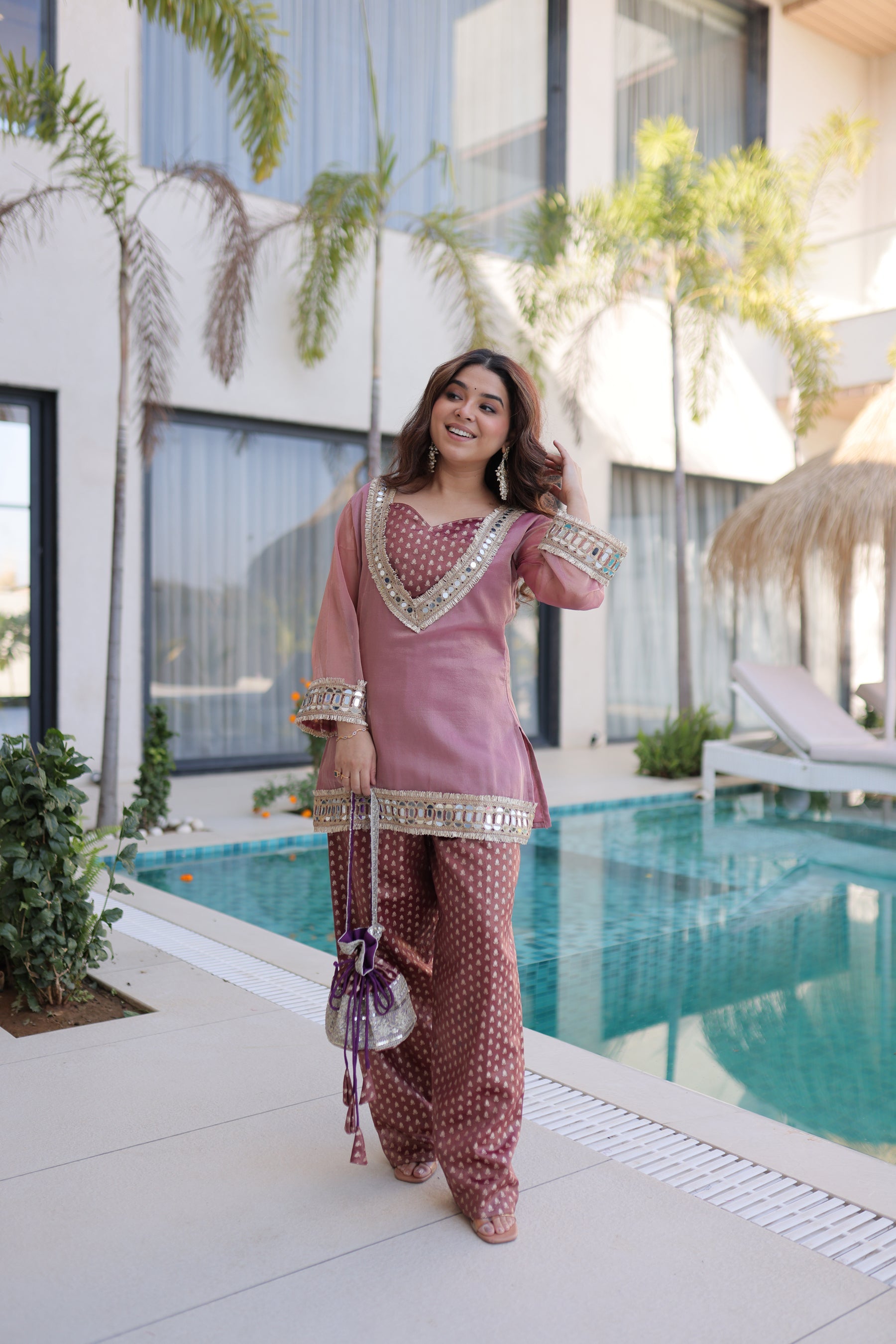 Lorenvalley Fashion Pink Salasa Fabric with Mirror & Lace work Kurta with Pant