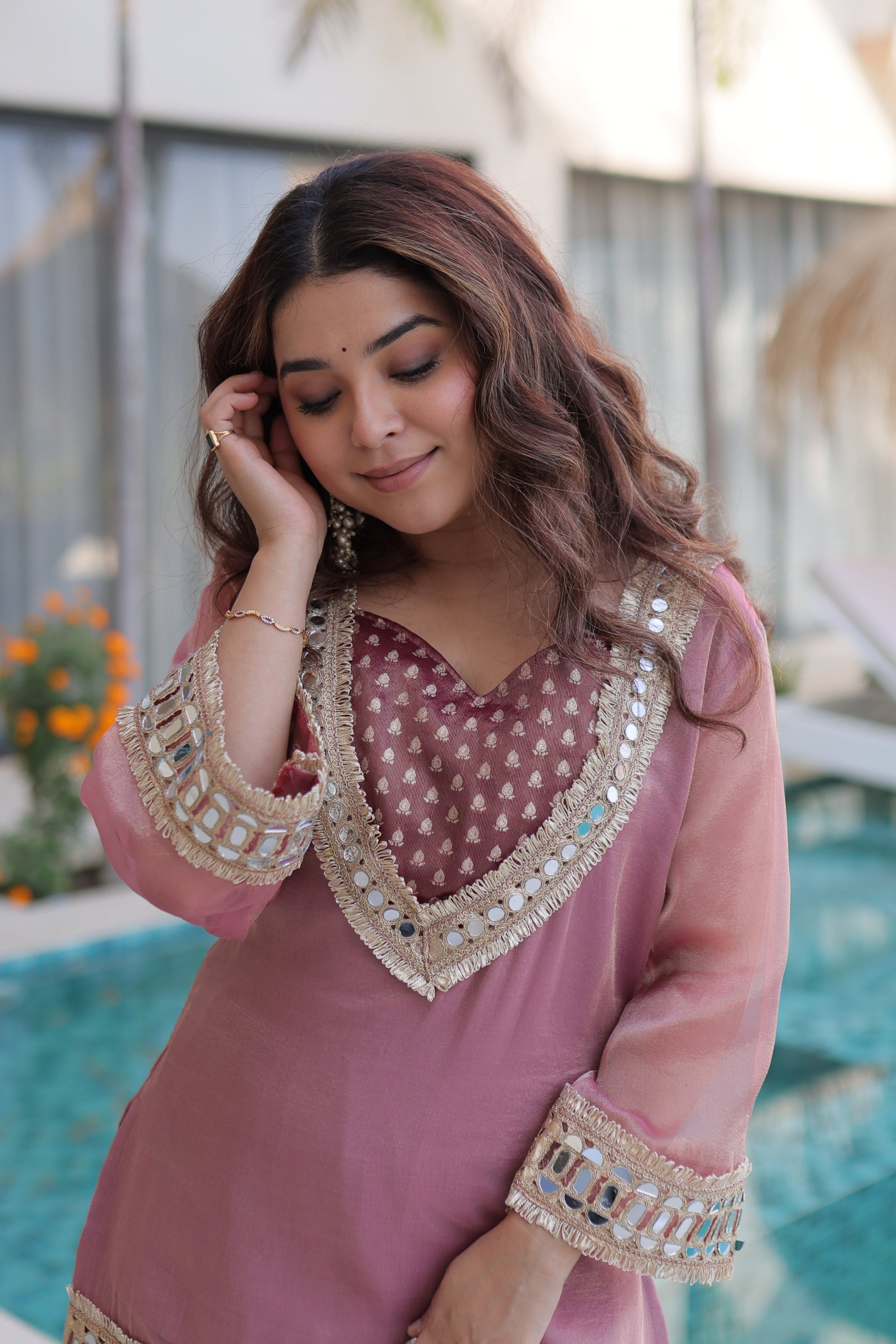 Lorenvalley Fashion Pink Salasa Fabric with Mirror & Lace work Kurta with Pant