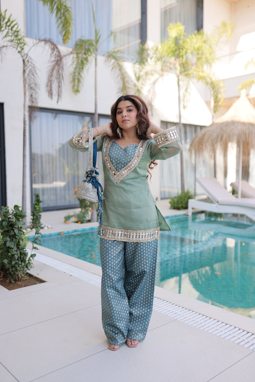 Lorenvalley Fashion Sky Blue Salasa Fabric with Mirror & Lace work Kurta with Pant