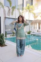 Lorenvalley Fashion Sky Blue Salasa Fabric with Mirror & Lace work Kurta with Pant