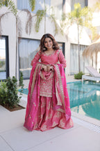 Lorenvalley Fashion Pink Fendy Satin Crush with Zari & Sequins Embroidered work Kurta Sharara with Dupatta
