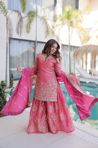 Lorenvalley Fashion Pink Fendy Satin Crush with Zari & Sequins Embroidered work Kurta Sharara with Dupatta