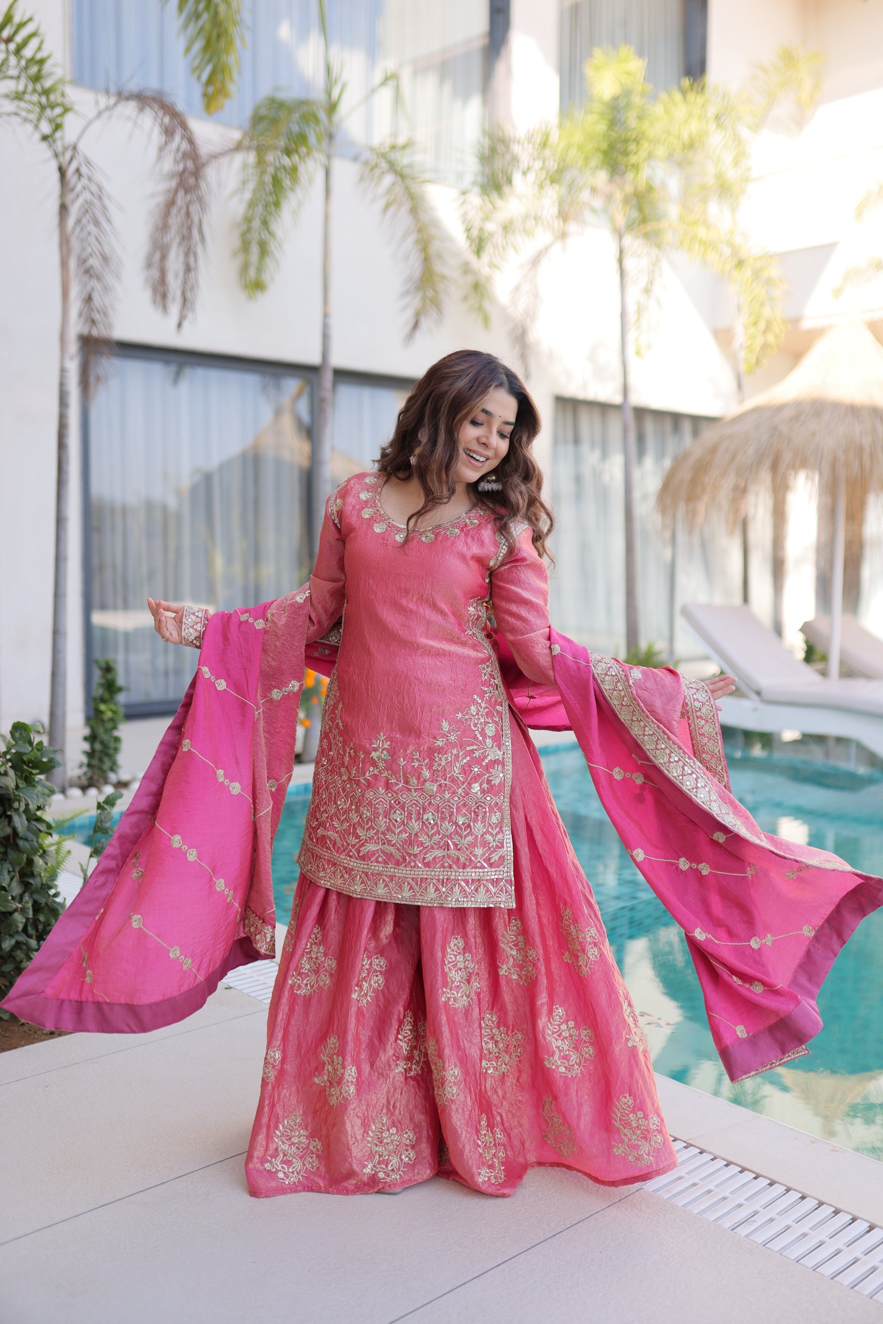 Lorenvalley Fashion Pink Fendy Satin Crush with Zari & Sequins Embroidered work Kurta Sharara with Dupatta