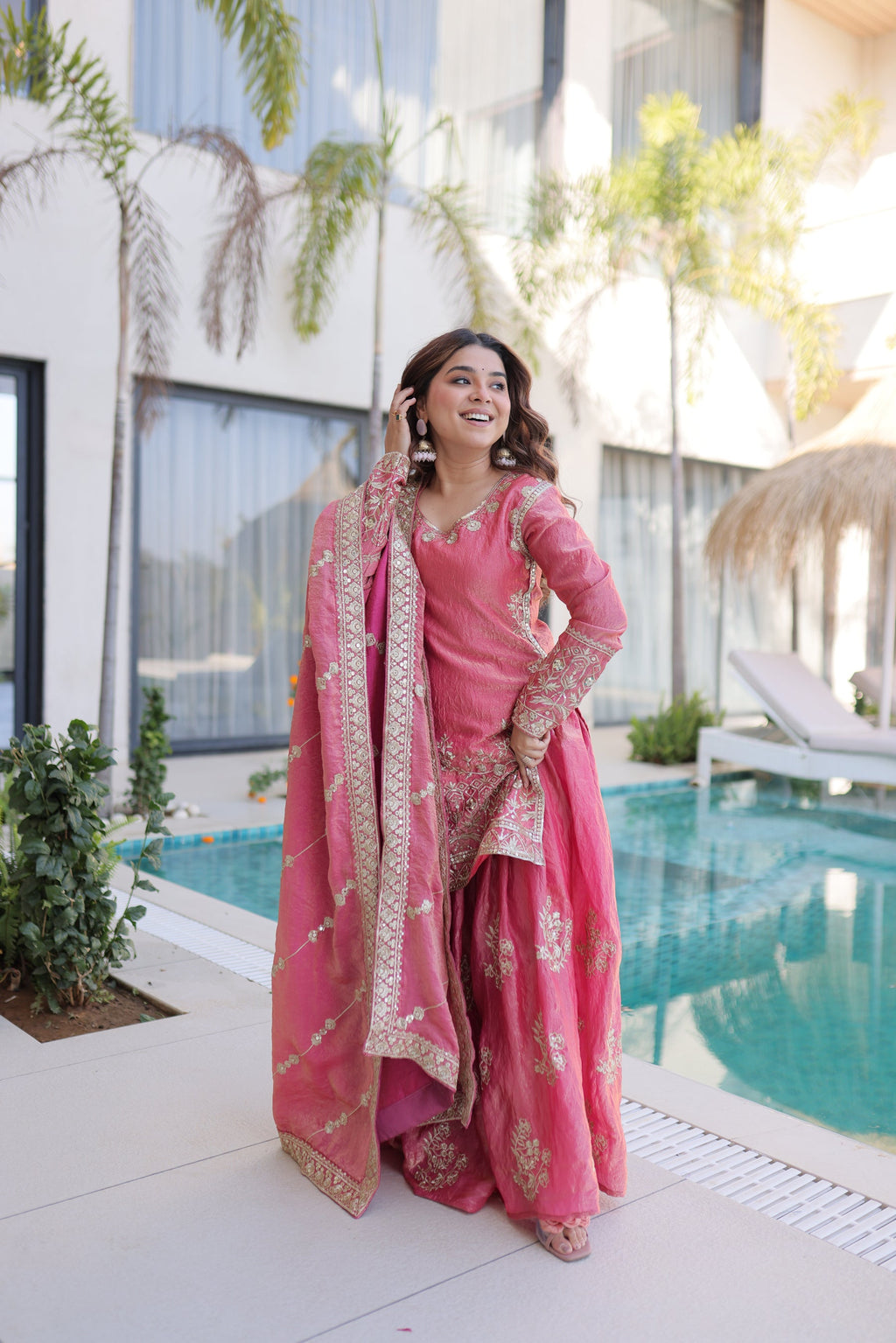 Lorenvalley Fashion Pink Fendy Satin Crush with Zari & Sequins Embroidered work Kurta Sharara with Dupatta