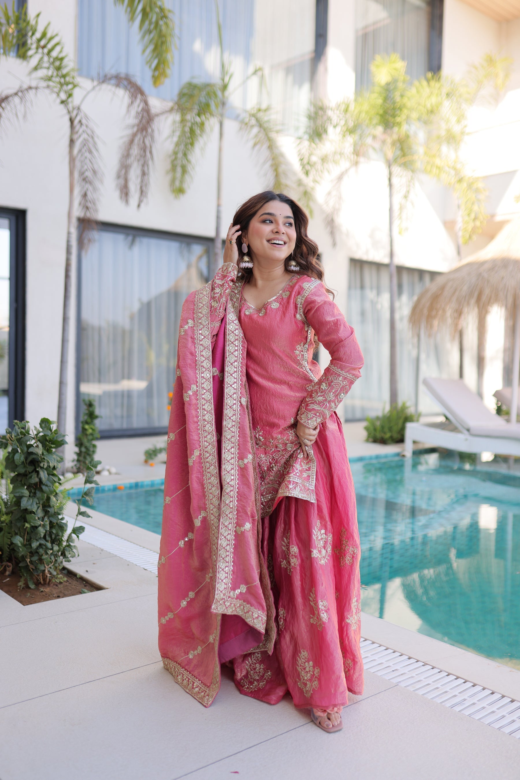Lorenvalley Fashion Pink Fendy Satin Crush with Zari & Sequins Embroidered work Kurta Sharara with Dupatta