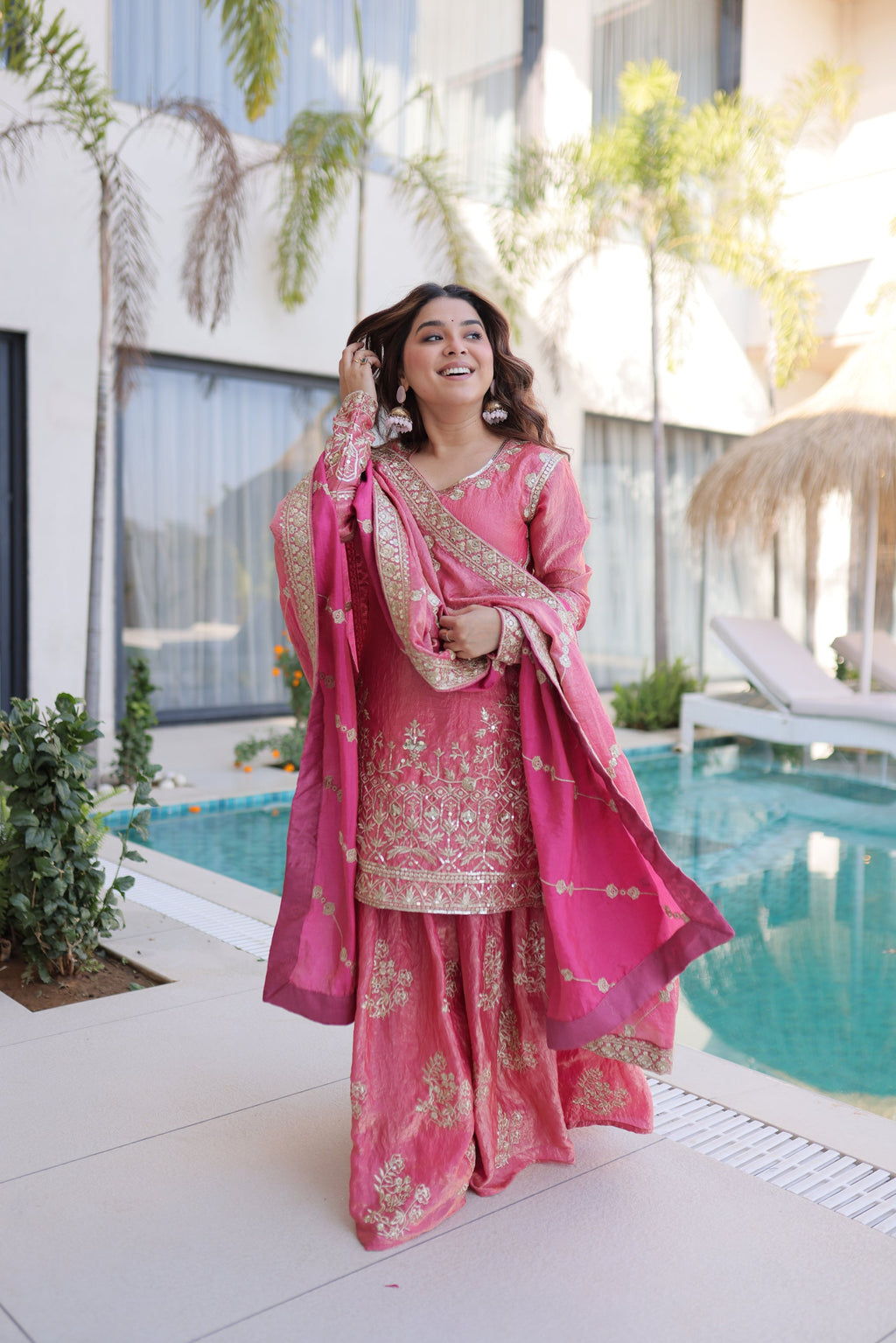 Lorenvalley Fashion Pink Fendy Satin Crush with Zari & Sequins Embroidered work Kurta Sharara with Dupatta