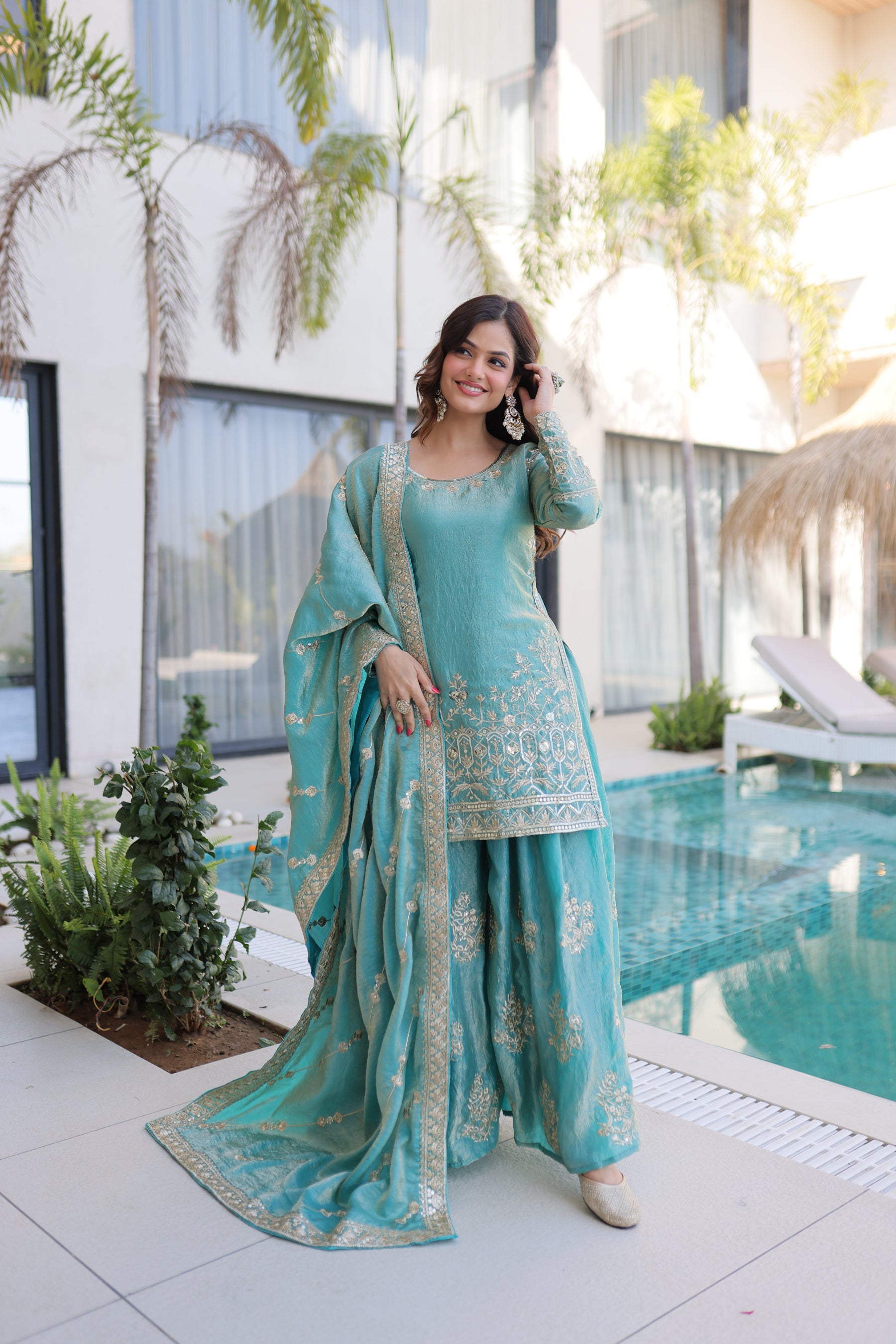 Lorenvalley Fashion Sky Blue Fendy Satin Crush with Zari & Sequins Embroidered work Kurta Sharara with Dupatta