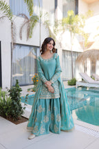 Lorenvalley Fashion Sky Blue Fendy Satin Crush with Zari & Sequins Embroidered work Kurta Sharara with Dupatta