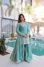 Lorenvalley Fashion Sky Blue Fendy Satin Crush with Zari & Sequins Embroidered work Kurta Sharara with Dupatta