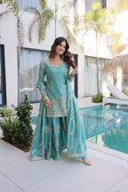Lorenvalley Fashion Sky Blue Fendy Satin Crush with Zari & Sequins Embroidered work Kurta Sharara with Dupatta