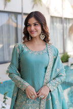 Lorenvalley Fashion Sky Blue Fendy Satin Crush with Zari & Sequins Embroidered work Kurta Sharara with Dupatta