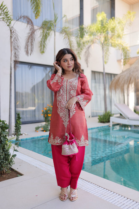 Lorenvalley Fashion Maroon Viscose with Sequins & Coding Zari Embroidered work Kurta Pant with Batwa