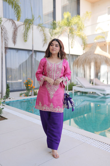 Lorenvalley Fashion Pink Viscose with Sequins & Coding Zari Embroidered work Kurta Pant with Batwa
