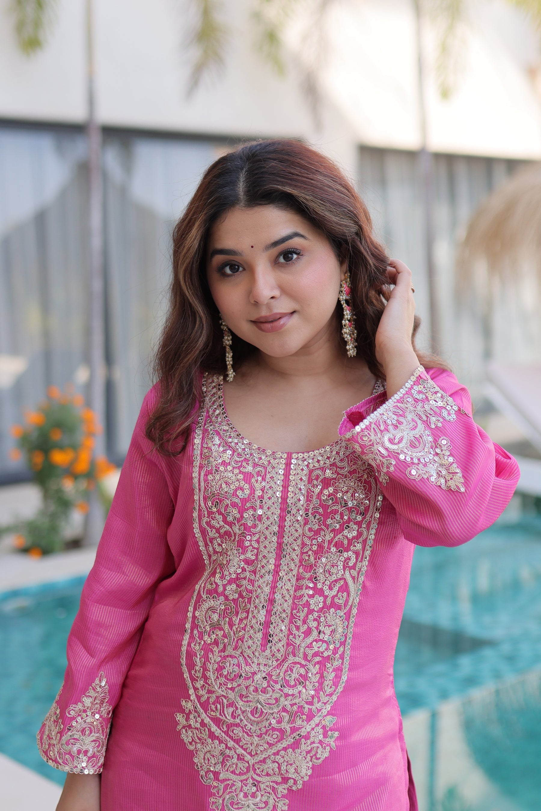 Lorenvalley Fashion Pink Viscose with Sequins & Coding Zari Embroidered work Kurta Pant with Batwa - Distacart