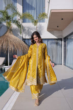 Lorenvalley Fashion Yellow H O Silk with Sequins & Zari Embroidered work Kurta Pant with Dupatta - Distacart