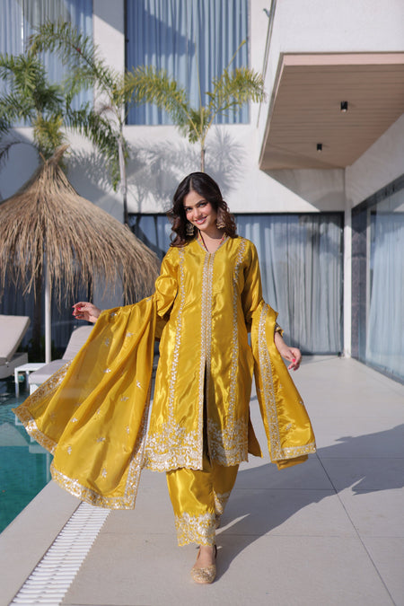 Lorenvalley Fashion Yellow H O Silk with Sequins & Zari Embroidered work Kurta Pant with Dupatta