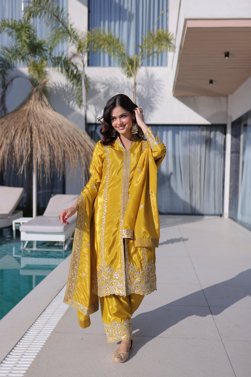 Lorenvalley Fashion Yellow H O Silk with Sequins & Zari Embroidered work Kurta Pant with Dupatta - Distacart