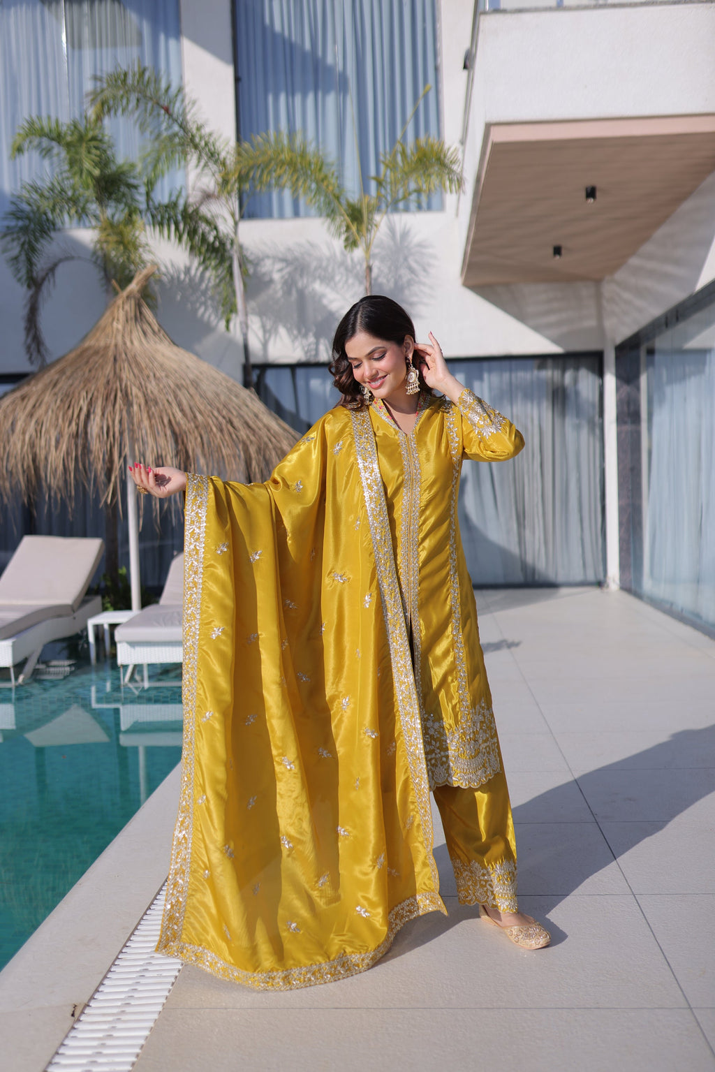 Lorenvalley Fashion Yellow H O Silk with Sequins & Zari Embroidered work Kurta Pant with Dupatta - Distacart