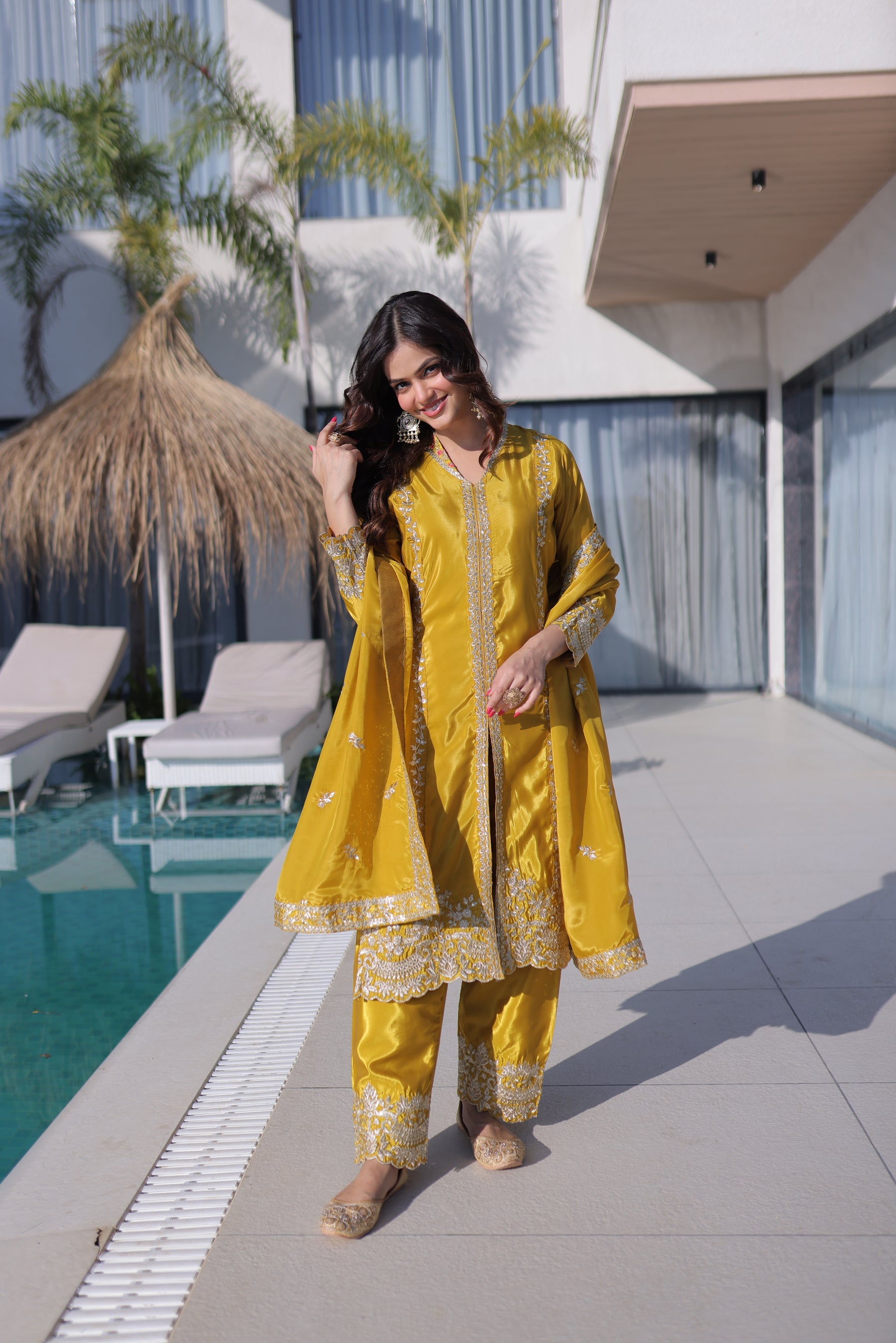 Lorenvalley Fashion Yellow H O Silk with Sequins & Zari Embroidered work Kurta Pant with Dupatta - Distacart