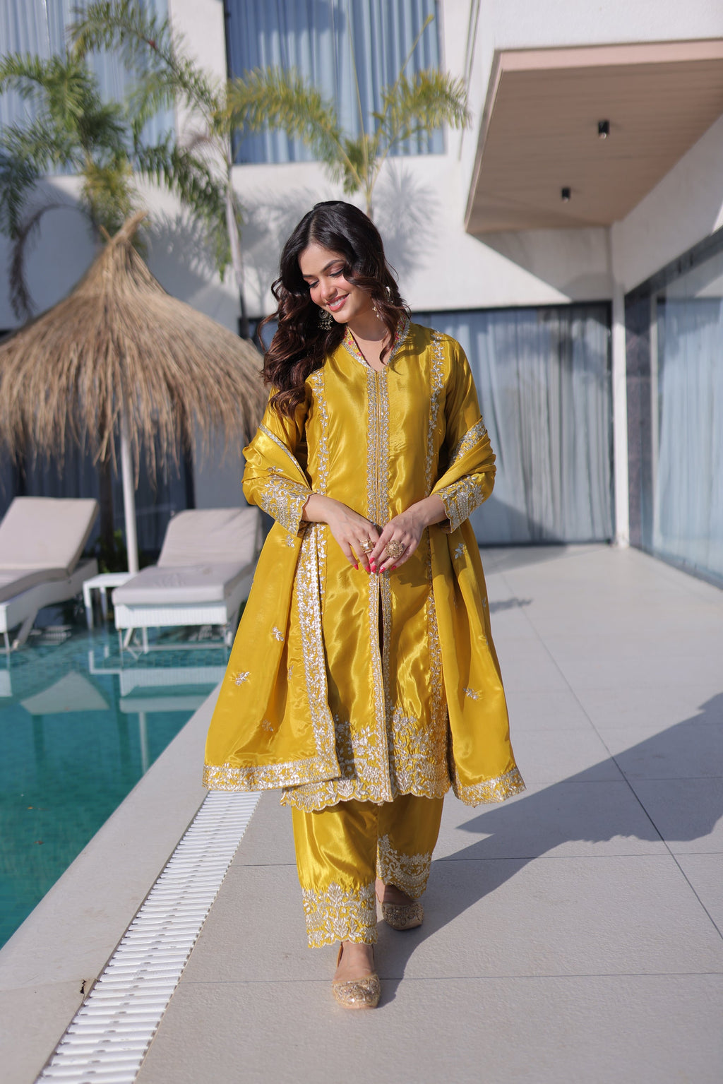 Lorenvalley Fashion Yellow H O Silk with Sequins & Zari Embroidered work Kurta Pant with Dupatta - Distacart