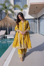 Lorenvalley Fashion Yellow H O Silk with Sequins & Zari Embroidered work Kurta Pant with Dupatta - Distacart