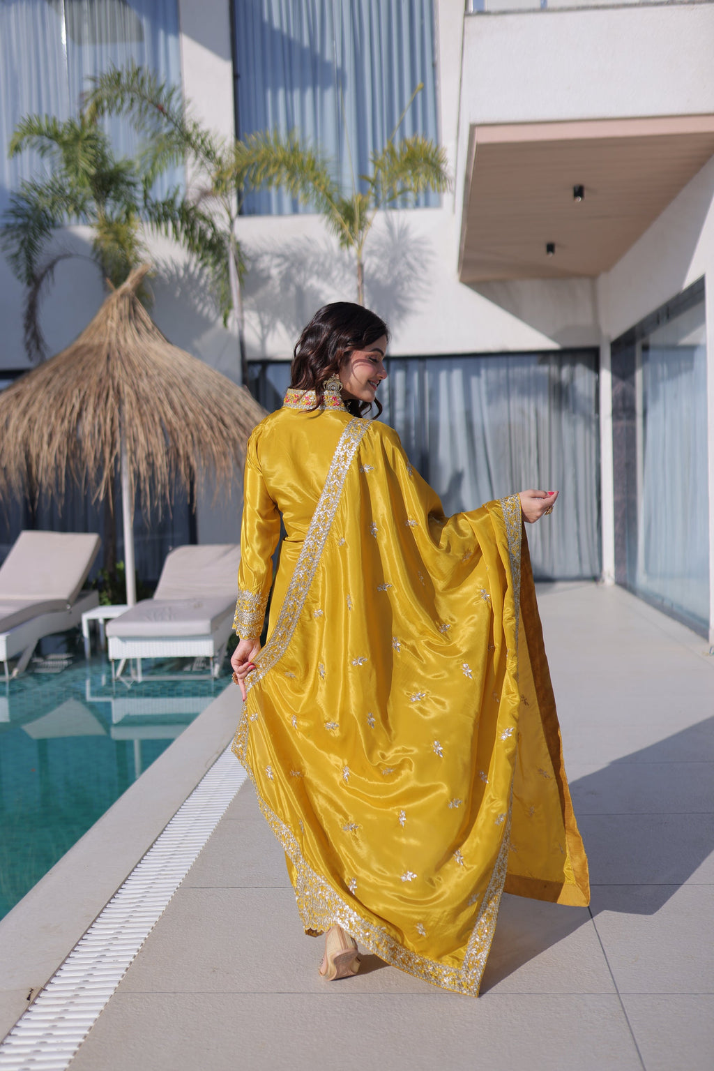 Lorenvalley Fashion Yellow H O Silk with Sequins & Zari Embroidered work Kurta Pant with Dupatta - Distacart
