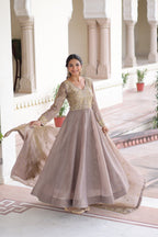 Lorenvalley Fashion Grey Gold Crush with Rich Sequins & Zari Embroidered work Gown with Dupatta - Distacart