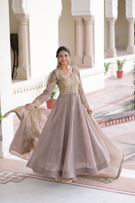 Lorenvalley Fashion Grey Gold Crush with Rich Sequins & Zari Embroidered work Gown with Dupatta