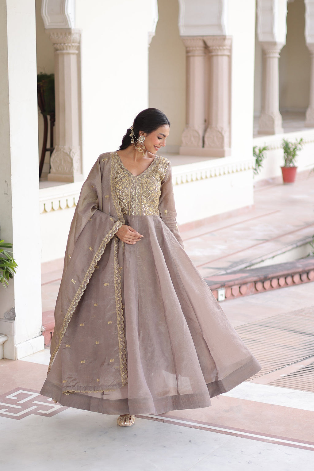Lorenvalley Fashion Grey Gold Crush with Rich Sequins & Zari Embroidered work Gown with Dupatta - Distacart