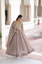 Lorenvalley Fashion Grey Gold Crush with Rich Sequins & Zari Embroidered work Gown with Dupatta - Distacart