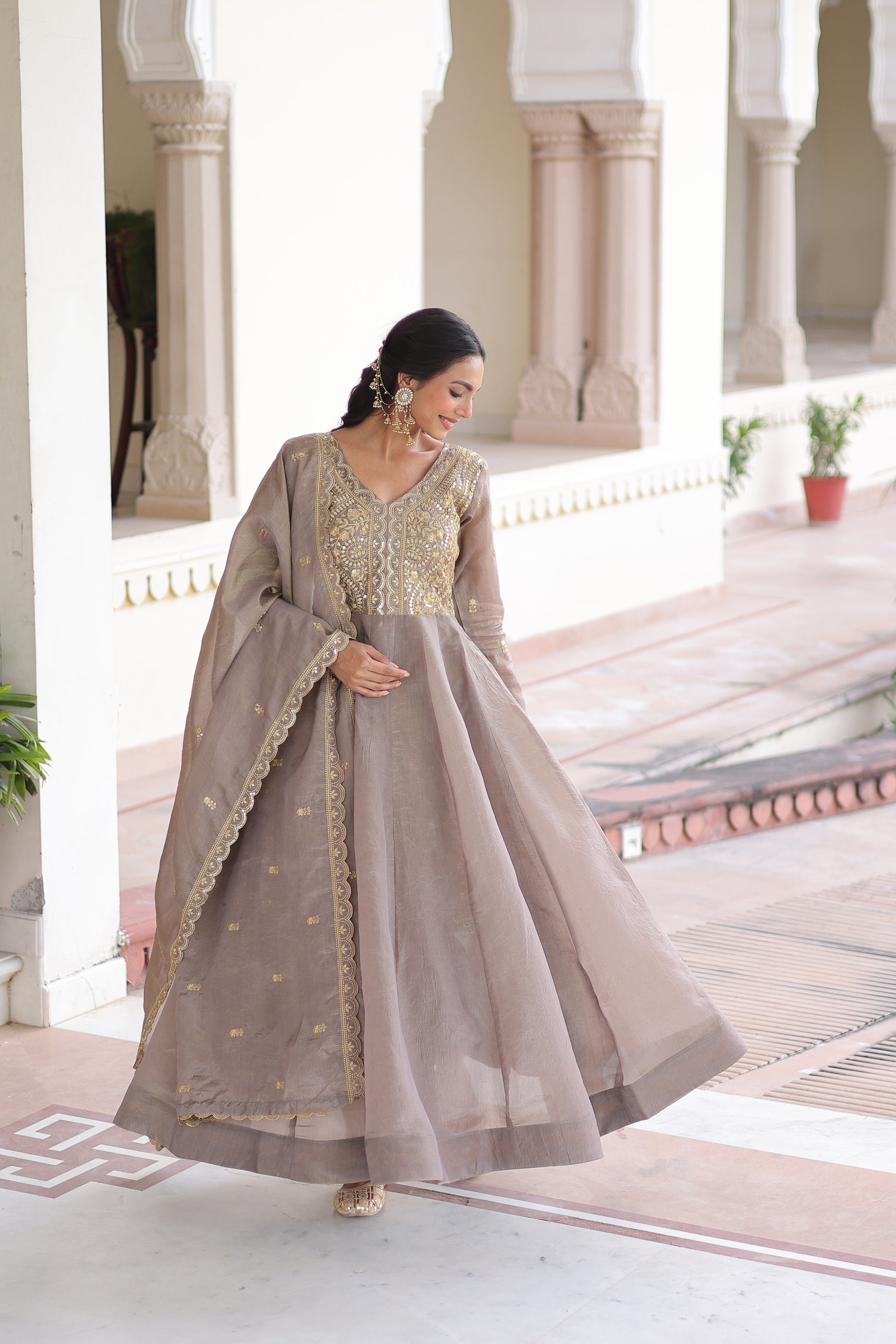 Lorenvalley Fashion Grey Gold Crush with Rich Sequins & Zari Embroidered work Gown with Dupatta - Distacart