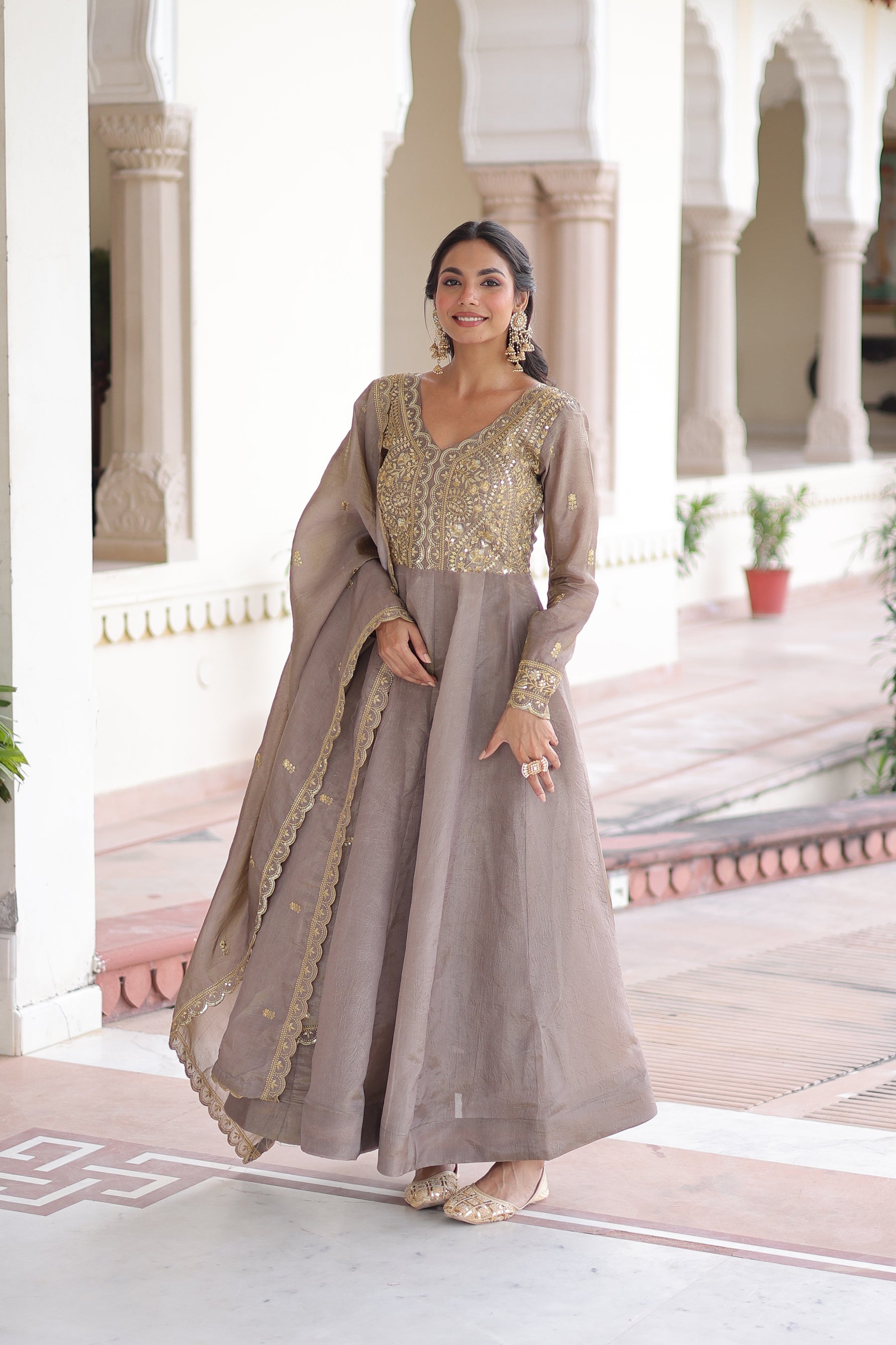 Lorenvalley Fashion Grey Gold Crush with Rich Sequins & Zari Embroidered work Gown with Dupatta - Distacart