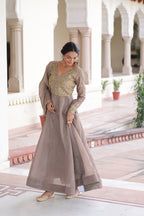 Lorenvalley Fashion Grey Gold Crush with Rich Sequins & Zari Embroidered work Gown with Dupatta - Distacart