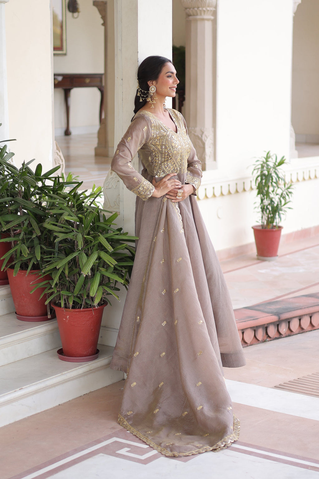 Lorenvalley Fashion Grey Gold Crush with Rich Sequins & Zari Embroidered work Gown with Dupatta - Distacart