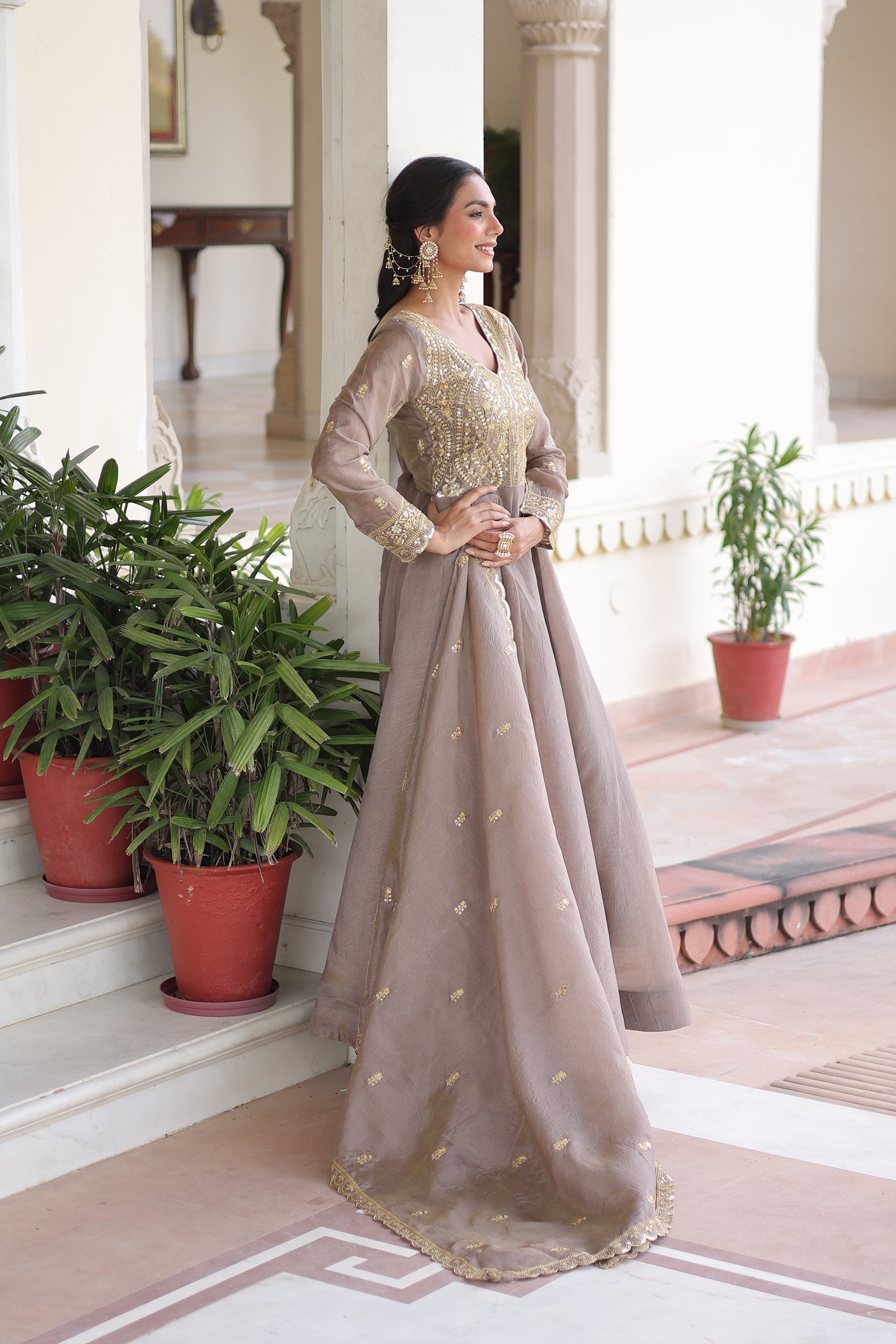 Lorenvalley Fashion Grey Gold Crush with Rich Sequins & Zari Embroidered work Gown with Dupatta - Distacart