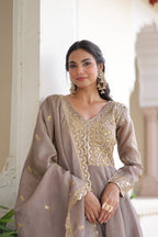 Lorenvalley Fashion Grey Gold Crush with Rich Sequins & Zari Embroidered work Gown with Dupatta - Distacart