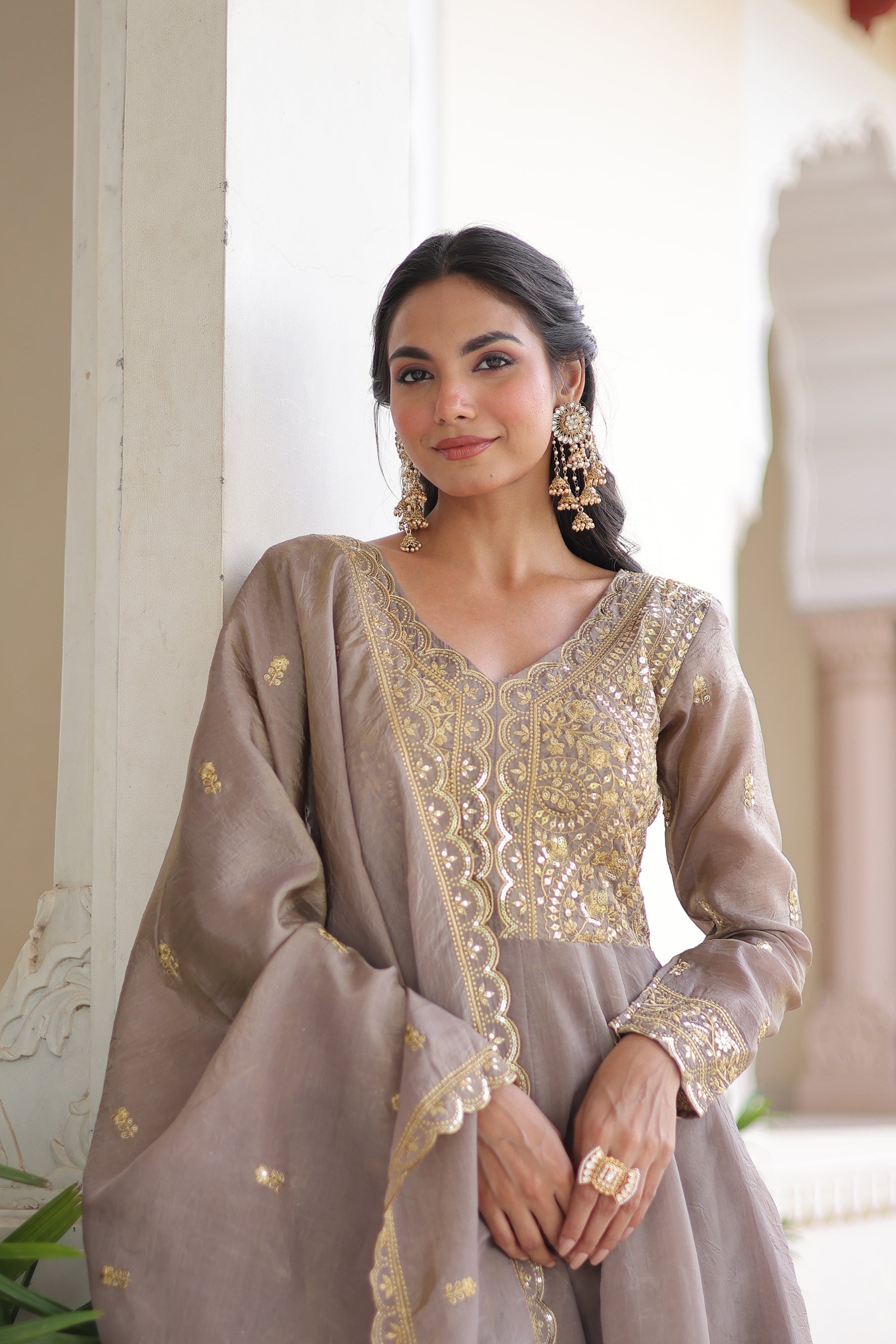 Lorenvalley Fashion Grey Gold Crush with Rich Sequins & Zari Embroidered work Gown with Dupatta - Distacart