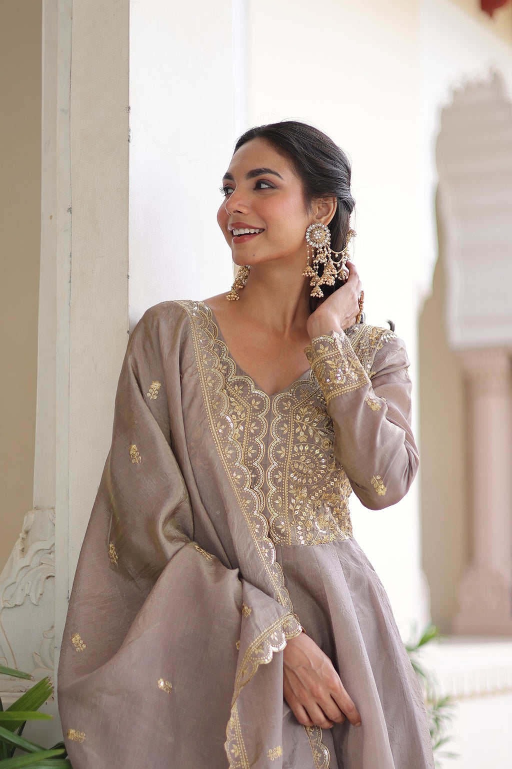 Lorenvalley Fashion Grey Gold Crush with Rich Sequins & Zari Embroidered work Gown with Dupatta - Distacart