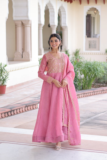 Lorenvalley Fashion Pink Gold Crush with Rich Sequins & Zari Embroidered work Gown with Dupatta