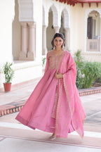 Lorenvalley Fashion Pink Gold Crush with Rich Sequins & Zari Embroidered work Gown with Dupatta - Distacart
