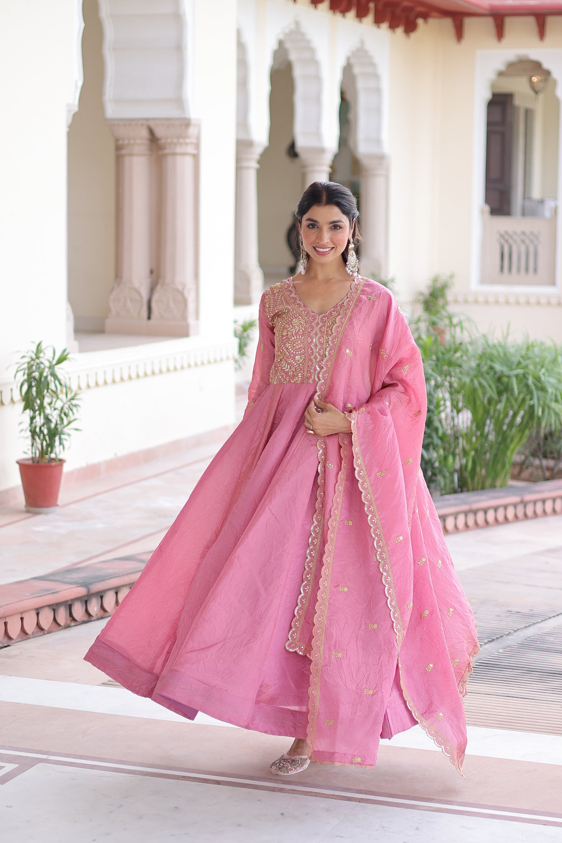 Lorenvalley Fashion Pink Gold Crush with Rich Sequins & Zari Embroidered work Gown with Dupatta - Distacart