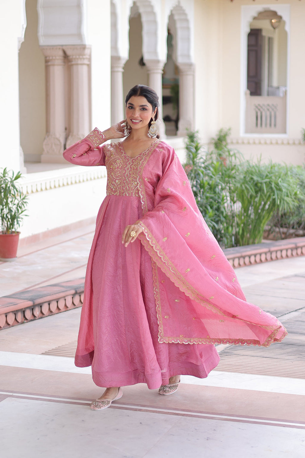 Lorenvalley Fashion Pink Gold Crush with Rich Sequins & Zari Embroidered work Gown with Dupatta - Distacart
