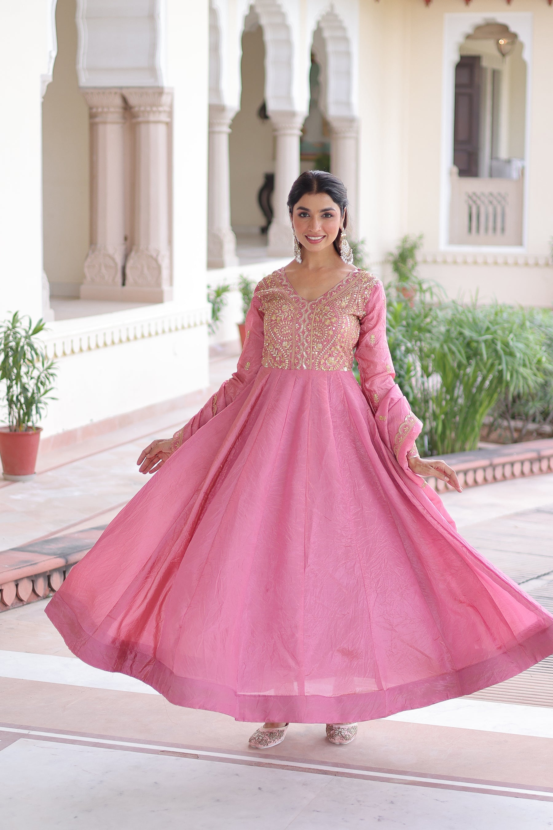 Lorenvalley Fashion Pink Gold Crush with Rich Sequins & Zari Embroidered work Gown with Dupatta - Distacart