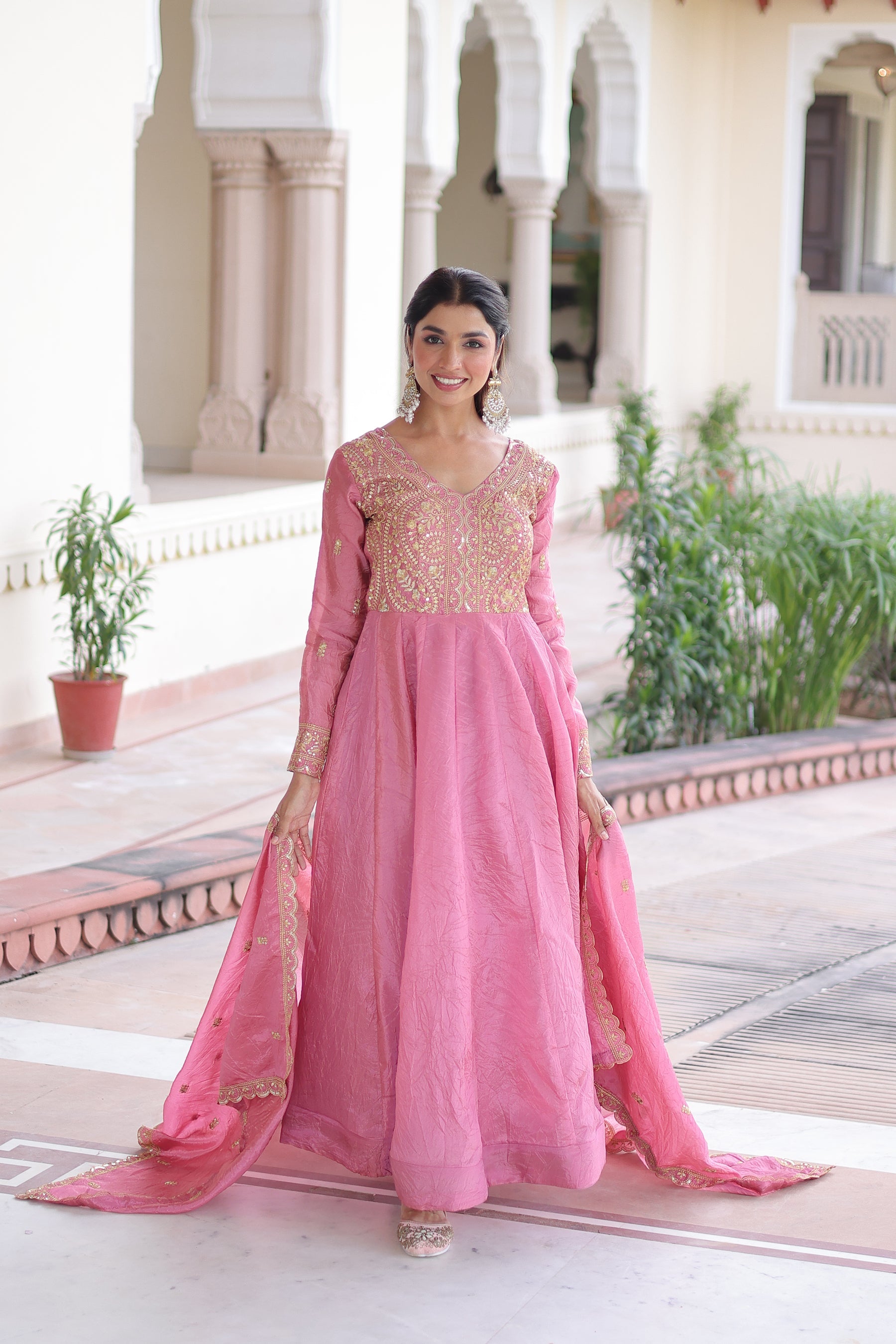Lorenvalley Fashion Pink Gold Crush with Rich Sequins & Zari Embroidered work Gown with Dupatta - Distacart