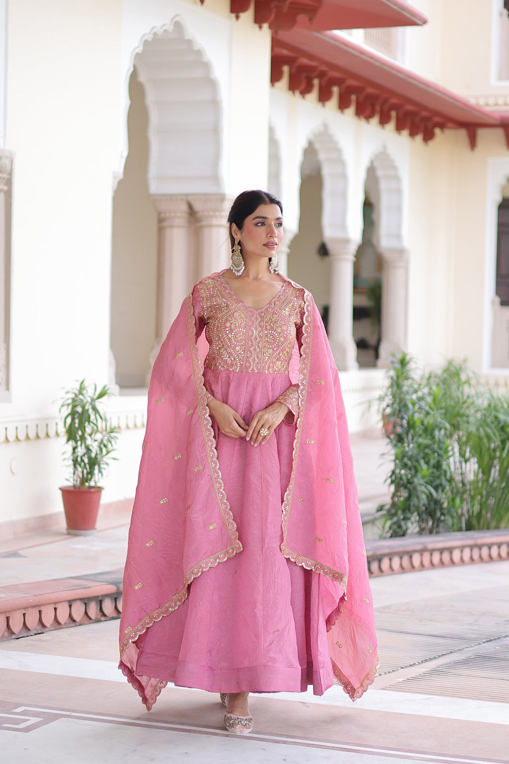 Lorenvalley Fashion Pink Gold Crush with Rich Sequins & Zari Embroidered work Gown with Dupatta - Distacart