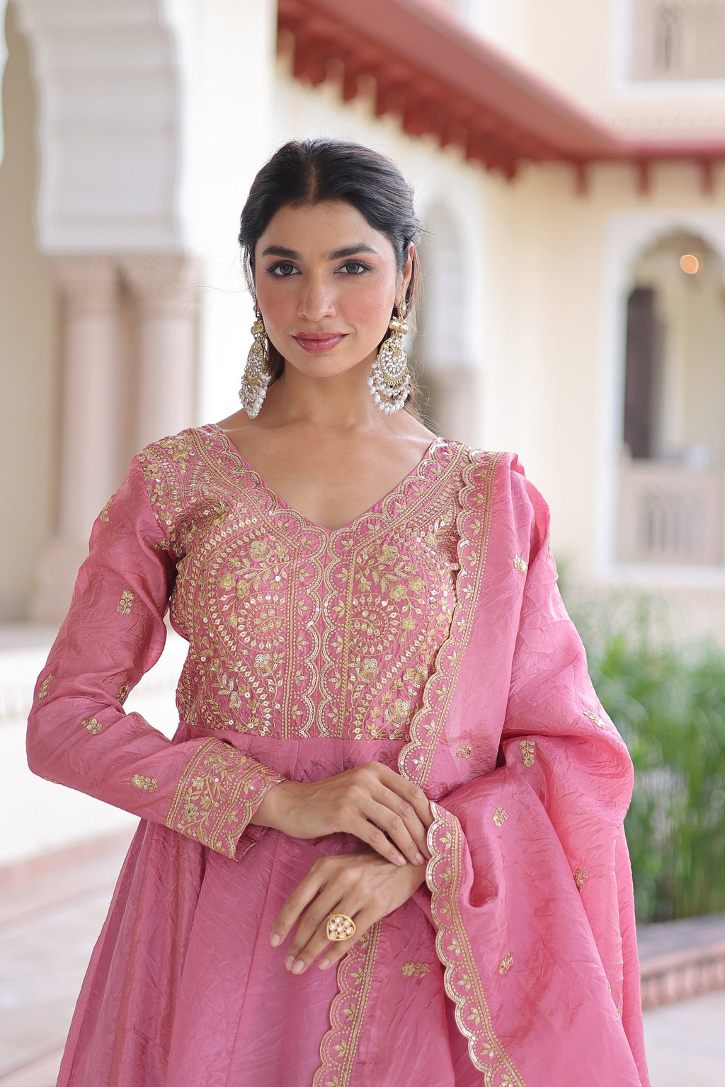 Lorenvalley Fashion Pink Gold Crush with Rich Sequins & Zari Embroidered work Gown with Dupatta - Distacart