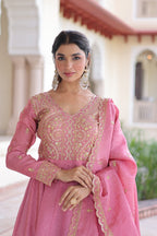Lorenvalley Fashion Pink Gold Crush with Rich Sequins & Zari Embroidered work Gown with Dupatta - Distacart