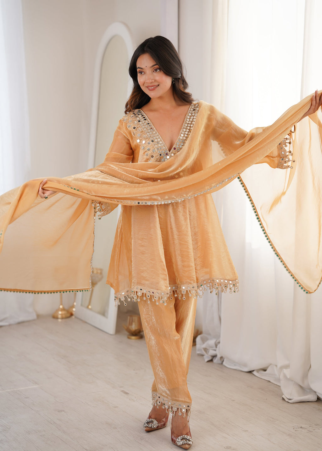 Lorenvalley Fashion Chiku Fendy Satin with Real Mirror with Coding Embroidered Lace work Kurta Pant with Dupatta - Distacart