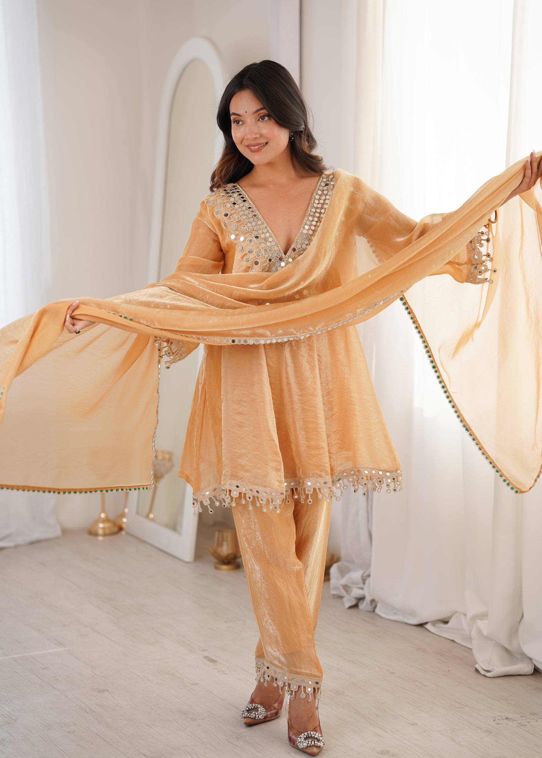 Lorenvalley Fashion Chiku Fendy Satin with Real Mirror with Coding Embroidered Lace work Kurta Pant with Dupatta - Distacart