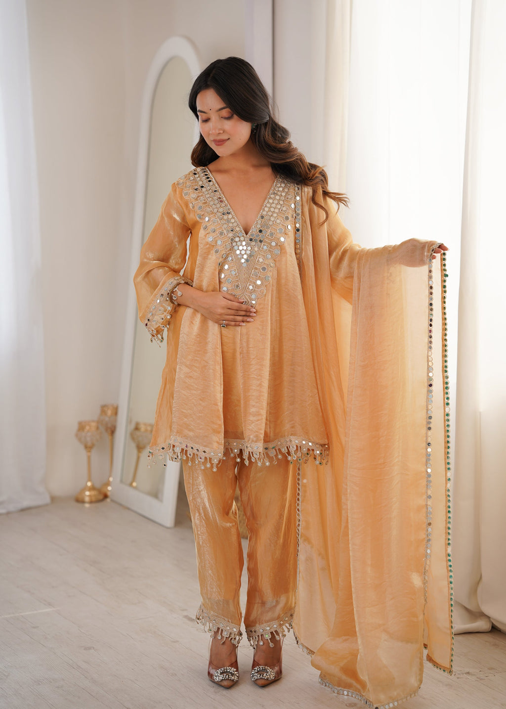 Lorenvalley Fashion Chiku Fendy Satin with Real Mirror with Coding Embroidered Lace work Kurta Pant with Dupatta - Distacart